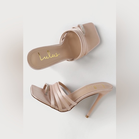 Lulus Size 8.5 Juen Light Nude Satin Rhinestone High Heel Slide Sandals - Picture 2 of 4